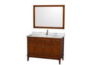 Wyndham Collection Hatton 48 inch Single Bathroom Vanity in Light Chestnut White Carrera Marble Countertop Undermount Square Sink and 44 inch Mirror