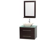 Wyndham Collection Centra 30 inch Single Bathroom Vanity in Espresso Green Glass Countertop Pyra Bone Porcelain Sink and 24 inch Mirror