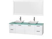 Wyndham Collection Amare 72 inch Double Bathroom Vanity in Glossy White Green Glass Countertop Avalon White Carrera Marble Sinks and 70 inch Mirror