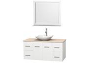 Wyndham Collection Centra 48 inch Single Bathroom Vanity in Matte White Ivory Marble Countertop Arista White Carrera Marble Sink and 36 inch Mirror