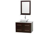 Wyndham Collection Centra 36 inch Single Bathroom Vanity in Espresso White Carrera Marble Countertop Pyra White Porcelain Sink and 24 inch Mirror