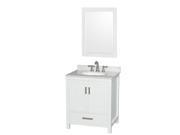 Wyndham Collection Sheffield 30 inch Single Bathroom Vanity in White White Carrera Marble Countertop Undermount Oval Sink and 24 inch Mirror