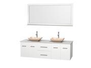 Wyndham Collection Centra 72 inch Double Bathroom Vanity in Matte White White Man Made Stone Countertop Avalon Ivory Marble Sinks and 70 inch Mirror