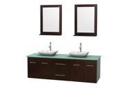 Wyndham Collection Centra 72 inch Double Bathroom Vanity in Espresso Green Glass Countertop Avalon White Carrera Marble Sinks and 24 inch Mirrors