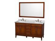 Wyndham Collection Hatton 60 inch Double Bathroom Vanity in Light Chestnut White Carrera Marble Countertop Undermount Oval Sinks and 56 inch Mirror