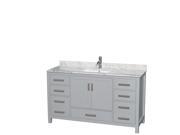 Wyndham Collection Sheffield 60 inch Single Bathroom Vanity in Gray White Carrera Marble Countertop Undermount Square Sink and No Mirror