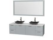 Wyndham Collection Amare 72 inch Double Bathroom Vanity in Dove Gray White Man Made Stone Countertop Arista Black Granite Sinks and 70 inch Mirror