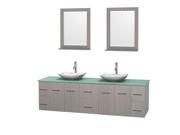 Wyndham Collection Centra 80 inch Double Bathroom Vanity in Gray Oak Green Glass Countertop Arista White Carrera Marble Sinks and 24 inch Mirrors
