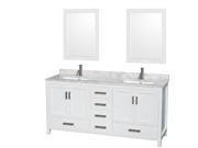 Wyndham Collection Sheffield 72 inch Double Bathroom Vanity in White White Carrera Marble Countertop Undermount Square Sinks and 24 inch Mirrors