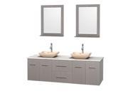 Wyndham Collection Centra 72 inch Double Bathroom Vanity in Gray Oak White Carrera Marble Countertop Avalon Ivory Marble Sinks and 24 inch Mirrors