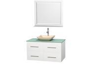 Wyndham Collection Centra 42 inch Single Bathroom Vanity in Matte White Green Glass Countertop Avalon Ivory Marble Sink and 36 inch Mirror