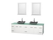 Wyndham Collection Centra 80 inch Double Bathroom Vanity in Matte White Green Glass Countertop Altair Black Granite Sinks and 24 inch Mirrors