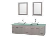 Wyndham Collection Centra 80 inch Double Bathroom Vanity in Gray Oak Green Glass Countertop Pyra White Porcelain Sinks and 24 inch Mirrors