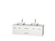 Wyndham Collection Centra 72 inch Double Bathroom Vanity in Matte White White Carrera Marble Countertop Pyra White Porcelain Sinks and No Mirror