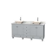 Wyndham Collection Acclaim 72 inch Double Bathroom Vanity in Oyster Gray White Carrera Marble Countertop Pyra Bone Porcelain Sinks and No Mirrors