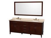 Wyndham Collection Hatton 80 inch Double Bathroom Vanity in Dark Chestnut Ivory Marble Countertop Undermount Oval Sinks and 70 inch Mirror