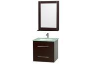Wyndham Collection Centra 24 inch Single Bathroom Vanity in Espresso Green Glass Countertop Square Porcelain Undermount Sink and 24 inch Mirror