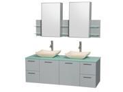 Wyndham Collection Amare 60 inch Double Bathroom Vanity in Dove Gray Green Glass Countertop Avalon Ivory Marble Sinks and Medicine Cabinet