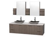 Wyndham Collection Amare 72 inch Double Bathroom Vanity in Gray Oak with White Man Made Stone Top with Black Granite Sinks and Medicine Cabinets