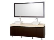Wyndham Collection Malibu 72 inch Double Bathroom Vanity in Espresso Ivory Marble Countertop Pyra White Porcelain Sinks and 70 inch Mirror