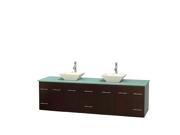 Wyndham Collection Centra 80 inch Double Bathroom Vanity in Espresso Green Glass Countertop Pyra Bone Porcelain Sinks and No Mirror