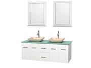 Wyndham Collection Centra 60 inch Double Bathroom Vanity in Matte White Green Glass Countertop Avalon Ivory Marble Sinks and 24 inch Mirrors