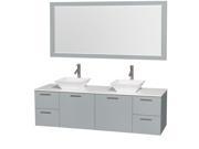Wyndham Collection Amare 72 inch Double Bathroom Vanity in Dove Gray White Man Made Stone Countertop Pyra White Porcelain Sinks and 70 inch Mirror