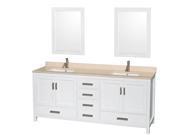 Wyndham Collection Sheffield 80 inch Double Bathroom Vanity in White Ivory Marble Countertop Undermount Square Sinks and 24 inch Mirrors