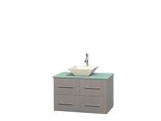 Wyndham Collection Centra 36 inch Single Bathroom Vanity in Gray Oak Green Glass Countertop Pyra Bone Porcelain Sink and No Mirror