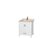 Wyndham Collection Sheffield 30 inch Single Bathroom Vanity in White Ivory Marble Countertop Undermount Square Sink and No Mirror