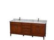 Wyndham Collection Hatton 80 inch Double Bathroom Vanity in Light Chestnut White Carrera Marble Countertop Undermount Square Sinks and No Mirror