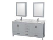 Wyndham Collection Sheffield 72 inch Double Bathroom Vanity in Gray White Carrera Marble Countertop Undermount Square Sinks and Medicine Cabinets