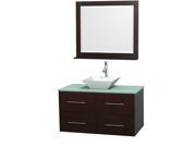 Wyndham Collection Centra 42 inch Single Bathroom Vanity in Espresso Green Glass Countertop Pyra White Porcelain Sink and 36 inch Mirror