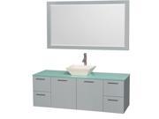 Wyndham Collection Amare 60 inch Single Bathroom Vanity in Dove Gray Green Glass Countertop Pyra Bone Porcelain Sink and 58 inch Mirror