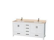 Wyndham Collection Sheffield 72 inch Double Bathroom Vanity in White Ivory Marble Countertop Undermount Square Sinks and No Mirror