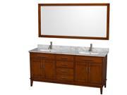 Wyndham Collection Hatton 72 inch Double Bathroom Vanity in Light Chestnut White Carrera Marble Countertop Undermount Square Sinks and 70 inch Mirror