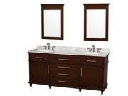 Wyndham Collection Berkeley 72 inch Double Bathroom Vanity in Dark Chestnut with White Carrera Marble Top with White Undermount Oval Sinks and 24 inch Mirror