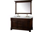 Wyndham Collection Andover 60 inch Double Bathroom Vanity in Dark Cherry White Carrera Marble Countertop Undermount Oval Sinks and 56 inch Mirror
