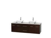 Wyndham Collection Centra 72 inch Double Bathroom Vanity in Espresso White Carrera Marble Countertop Pyra White Porcelain Sinks and No Mirror