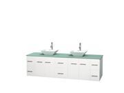 Wyndham Collection Centra 80 inch Double Bathroom Vanity in Matte White Green Glass Countertop Pyra White Porcelain Sinks and No Mirror