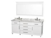 Wyndham Collection Berkeley 72 inch Double Bathroom Vanity in White with White Carrera Marble Top with White Undermount Oval Sinks and 70 inch Mirror