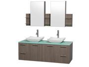 Wyndham Collection Amare 60 inch Double Bathroom Vanity in Gray Oak with Green Glass Top with Carrera Marble Sinks and Medicine Cabinets
