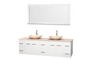 Wyndham Collection Centra 80 inch Double Bathroom Vanity in Matte White Ivory Marble Countertop Arista Ivory Marble Sinks and 70 inch Mirror