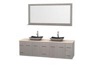 Wyndham Collection Centra 80 inch Double Bathroom Vanity in Gray Oak Ivory Marble Countertop Altair Black Granite Sinks and 70 inch Mirror