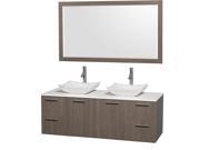 Wyndham Collection Amare 60 inch Double Bathroom Vanity in Gray Oak with White Man Made Stone Top with Carrera Marble Sinks and 58 inch Mirror