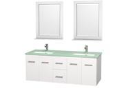 Wyndham Collection Centra 60 inch Double Bathroom Vanity in Matte White Green Glass Countertop Undermount Square Sink and 24 inch Mirrors