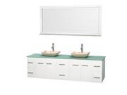 Wyndham Collection Centra 80 inch Double Bathroom Vanity in Matte White Green Glass Countertop Avalon Ivory Marble Sinks and 70 inch Mirror