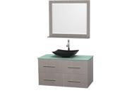 Wyndham Collection Centra 42 inch Single Bathroom Vanity in Gray Oak Green Glass Countertop Arista Black Granite Sink and 36 inch Mirror