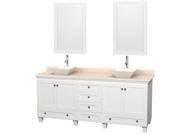 Wyndham Collection Acclaim 80 inch Double Bathroom Vanity in White Ivory Marble Countertop Pyra Bone Porcelain Sinks and 24 inch Mirrors