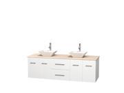 Wyndham Collection Centra 72 inch Double Bathroom Vanity in Matte White Ivory Marble Countertop Pyra White Porcelain Sinks and No Mirror